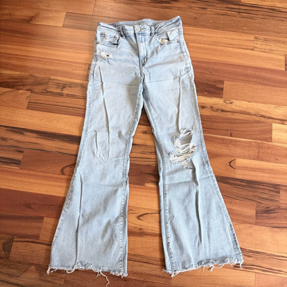 👖 AE- American Eagle 12 Reg Distressed Super Hi Rise Flare 👖